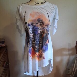 ZARA EVENING COLLECTION Floral Fantasy Graphic White Top Medium